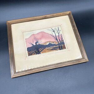Vintage Watercolor Painting Wooden Frame Mountain Landscape Tree Signed Wall Art